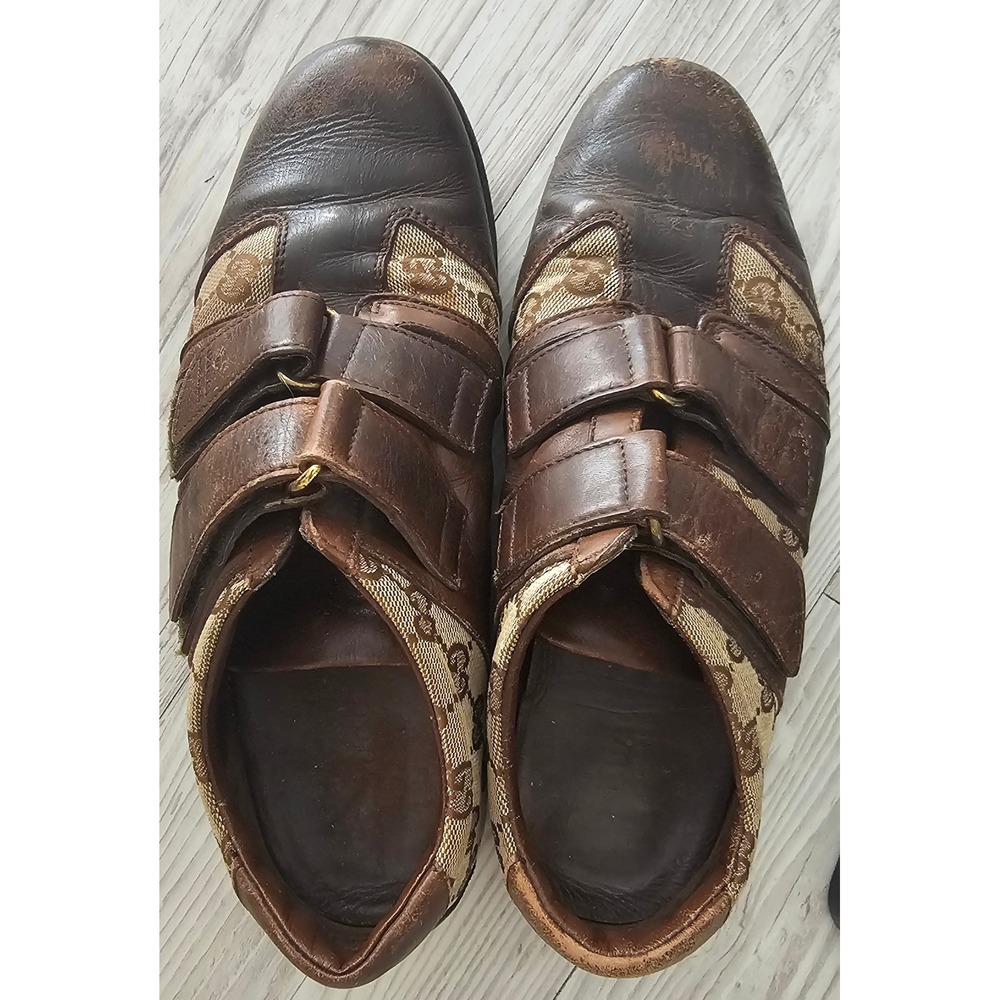 Gucci s GG Monogram Canvas Leather Double Strap Sneakers Brown Men 38.5 094130